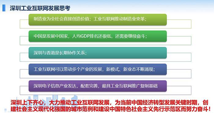 制造业为全社会直接创造价值;工业互联网推动制造业变革;工业互联网可以带动多个产业的发展,新模式、新业态不断涌现; 工业互联网可以带动多个产业的发展,新模式、新业态不断涌现;深圳上下齐心,大力推动工业互联网发展, 为当前中国经济转型发展关键时期,创建社会主义现代化强国的城市范例和建设中国特色社会主义先行示范区而努力奋斗!