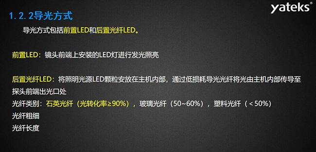 导光方式包括前置LED和后置光纤LED，前置LED：镜头前端上安装的LED灯进行发光照亮，后置光纤LED：将照明光源LED颗粒安放在主机内部， 通过低损耗导光光纤将光由主机内部传导至探头前端出光口处